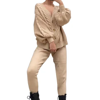 2 Parça Set Kadın Kıyafeti 2023 Yeni V Yaka Hırka Kadın Harlan Pantolon Düz Renk Sonbahar Kadın Kış Bluz Kazak Giyim
