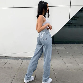 2021 kadın pantolonları Kelebek Baskı Parti Tatil için Arkadaş Tatil Seyahat streetwear Yüksek Bel Düz Bacak Kot
