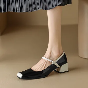 2023 İlkbahar / Sonbahar Kadın Ayakkabı Kare Ayak Tıknaz Topuk Mary Janes Karışık Renk Kadın Pompaları Rugan ayakkabı Moda Yüksek Topuklu
