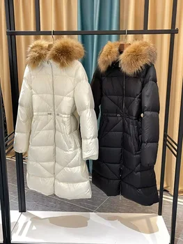 2023 Kadın Kızlar Kış Sıcak Uzun Beyaz Ördek Aşağı Gerçek Kürk kapüşonlu ceket Kar balon ceket Hediye