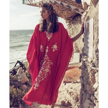 2023 Kırmızı Bohemian Çiçek İşlemeli Gevşek Yaz Plaj Elbise Fas Kaftan Artı Boyutu Kadın Sokak Giyim Midi Elbise Sarong N855