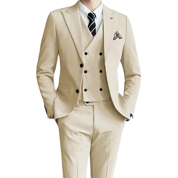 2023 Moda Yeni Erkek Eğlence Butik Düz Renk İş İnce Düğün En iyi Takım Elbise 3 Adet Set Blazers Elbise Ceket Ceket Pantolon Yelek