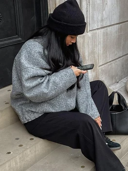2023 Yeni Sonbahar Kış kadın Ceketleri Düğmeleri İle Bombardıman Gri Uzun Kollu Ceket Bayan Vintage Sıcak Cepler Dış Giyim 