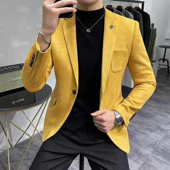 2023 Yüksek Kaliteli Blazer erkek İngiliz Trend Premium Basit İş Zarif Moda Rahat Beyefendi İnce Takım Elbise Geyik Kadife Ceket