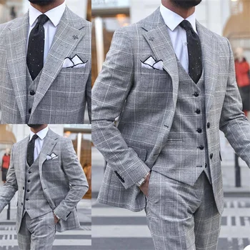 3 Adet Moda Ekose Erkek Takım Elbise Kruvaze Ceket + Pantolon + Yelek Custom Made Resmi Rahat Takım Elbise Fit Slim Parti Takım Elbise