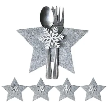 4 ADET Noel Bıçak ve Çatal Tutucu Cep Kar Tanesi Dekoratif Yıldız Şekli Keçe Sofra Takımı Çatal Organizatör Restoran için