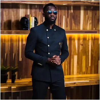 Afrika Siyah Erkek Takım Elbise 2 Adet Standı Yaka Tek Göğüslü Düğün Slim Fit Erkek Smokin gündelik giyim Balo Damat Takım Elbise Setleri
