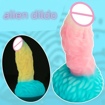 Alien Ölçekler Yapay Penis Yumuşak Sıvı Silikon Sahte Penis Aydınlık Dick Vantuz Dildos Yetişkin Mastürbasyon Seks Oyuncak Kadın Malzemeleri