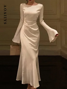 Aoaıys Beyaz Elbise Kadınlar ıçin Elbiseler Saten Pileli Flare Kollu Ince Klasik Fransız Vintage Zarif Bayanlar Rahat Vestidos