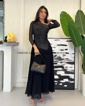 Aplikler Siyah balo kıyafetleri Uzun Kollu A-Line Şifon Saten Suudi Arabistan Kadınlar Akşam Elbise Parti Elbisesi فساتين مناسبة رسمية
