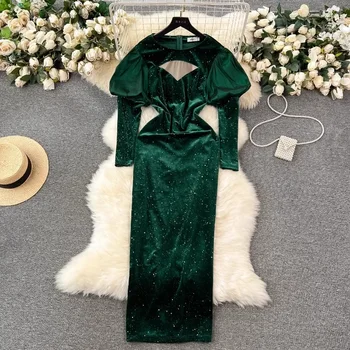 Açık Lüks Yüksek Kaliteli Koyu yeşil Parti Elbise kadın Sonbahar Kış Parlak Kabarcık Kollu Elbise Bayan Tasarım Zarif Maxi Elbise