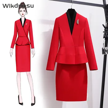 Bayan Blazer Etek Takım Elbise Uzun Kollu Ceket 2022 İlkbahar Sonbahar Ofis Bayan Resmi İki Parçalı Takım Seti İş İş Elbisesi Giyim