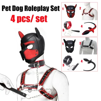 Bdsm Pet Roleplay Seti, Yavru Oyun Köpek Kaput Maskesi Parti Maskesi, Deri Erkek göğüs askısı Askısı, Köpek Kuyruk Fişi, Yavru boyunluk Seks Oyuncak
