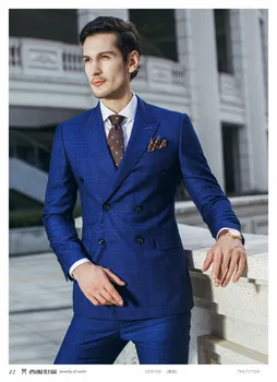 Belle Tavşan Marka Yüksek Kalite Mavi erkek Gelişmiş Özelleştirilmiş Takım Elbise Ceket Pantolon Seti GD9109