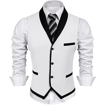 Beyaz Siyah Renk Patchwork Erkek Takım Elbise Yelek Şal Yaka Yelek Rahat Resmi Iş Damat Düğün Balo Yelek Slim Fit