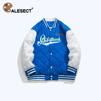 CALESECT Elmas Kapitone Beyzbol Ceket Kış Takım Mavi Üniversite Letterman Ceket Erkekler Kadınlar Boy Streetwear Aviator Ceketler