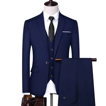 (Ceket + Yelek + Pantolon ) High-end Marka Resmi iş Erkek Takım Elbise Üç parçalı Damat düğün elbisesi Düz Renk Takım Elbise Artı Boyutu