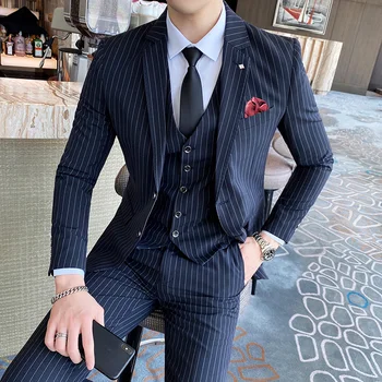 (Ceket + Yelek + Pantolon ) lüks Moda Erkek Şerit Rahat takım elbise High-end Sosyal resmi kıyafet 3 Adet Set Damat Düğün