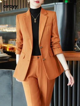 Circyy 2 Parça Setleri Bayan Kıyafetler Moda Ofis Bayan Tek Göğüslü Uzun Kollu Blazers + Pantolon Takım Elbise 2023 Sonbahar Kış Yeni