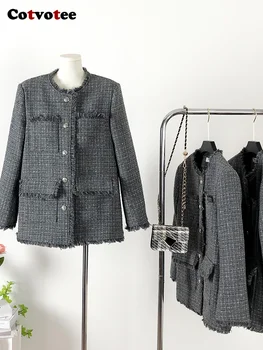 Cotvotee O Boyun Püskül Ceketler Kadınlar için 2024 Bahar Yeni Moda Uzun Kollu Şık Mont Ofis Bayanlar Casual Düğme Aşağı Ceketler