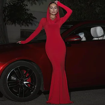 Düz Renk Kapşonlu Uzun kollu İnce Kırmızı Elbise Doğum Günü Partisi Gece Kulübü 2023 Sonbahar kadın Elbise