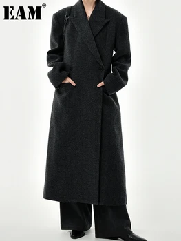 [EEM] Siyah Gri Büyük Boy Gevşek Fit Yün Ceket Yeni Yaka Uzun Kollu Kadın Ceket Moda Gelgit Sonbahar Kış 2024 1DH3121
