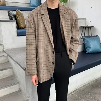Ekose Blazer Erkekler Büyük Boy Moda Toplum Erkek Elbise Ceket Kore Gevşek günlük giysi Ceket Erkek Ofis Resmi Ceketler M-2XL