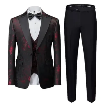 Erkek İş Ziyafet Jakarlı Takım Elbise 3 parça beyler Mahkemesi Giyim Erkekler Düğün Parti Damat Elbise Erkek Blazers + Pantolon + Yelek