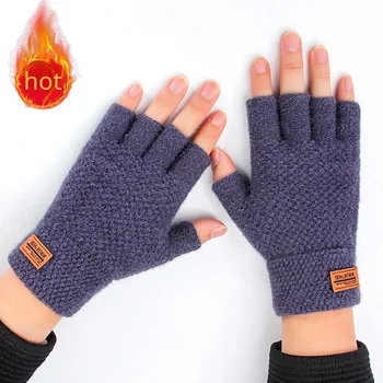 Erkekler Kış Parmaksız Eldiven Yarım Parmak Yazma Ofis Örme alpaka yünü Sıcak Deri Etiket Kalın Elastik sürüş eldivenleri