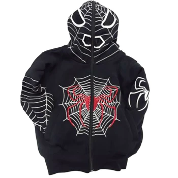 Estetik Kazak y2k Kadın Örümcek Web Baskı Punk Hoodie Zip Up Uzun Kollu Üstleri Alışveriş Merkezi Goth Giyim Koyu Akademi Giysileri