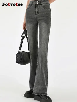 Fotvotee Yüksek Belli Kot Kadın Vintage Giyim Flare Pantolon Streetwear Kore Moda Tam Boy Pantolon Düz Giyim