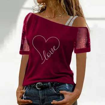 Genç Kadın Giysileri Baskılı Kapalı Omuz Üstleri Gömlek Seksi Glitter Rahat Kısa Kollu gömlek Moda Zarif Bluz Üst스스