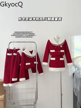 GkyocQ Kore Moda Kadın İki Parçalı Setleri 2023 Sonbahar ve Kış Yaka Yaka Kısa Ceket + Yüksek Bel Kısa Etek Noel Takım Elbise