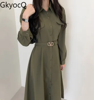 GkyocQ Kore Şık Sonbahar ve Kış Kadın Elbise Fransız Mizaç Yaka Yaka Bel İnce Kemer Bir Çizgi Uzun Elbiseler Resmi Görünüm