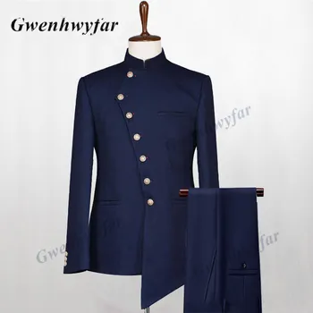 Gwenhwyfar 2021 Kostüm Homme İtalyan İş Slim Fit 2 Adet Donanma erkek Takım Elbise Damat Balo Smokin Groomsmen Blazer Düğün İçin