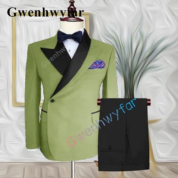 Gwenhwyfar Lüks Yeşil Erkek Takım Elbise Seti Slim Fit Damat düğün elbisesi Smokin Moda Tasarımları Parti Sahne Blazer + Pantolon 2 Adet