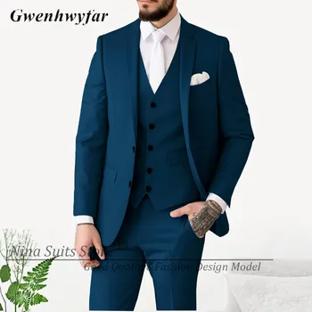 Gwenhwyfar Zarif Erkek Takım Elbise Tavuskuşu Mavi Ofis Erkekler Günlük İş Blazer Yelek Pantolon 2024 Resmi Parti Balo Smokin Siyah Altın Donanma
