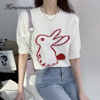 Hiraionsan Tavşan Işlemeli Örme T Shirt Kadın Inci Patchwork Kısa Kollu Kazak Kore Kawaii Grafik Kazaklar