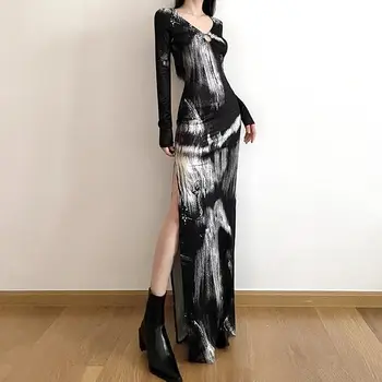Hollow Out Kravat Boyalı V Boyun Bölünmüş Y2k Zarif Siyah Kadın Vintage Vestidos Bodycon Uzun Kollu Seksi Elbiseler Yeni Çin Tarzı