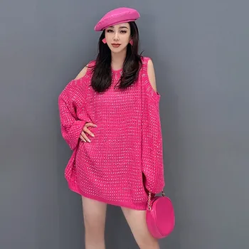 Hollow Out Omuz Örme Üstleri Kadın Sonbahar Kazak Giyim Düz Renk Artı Boyutu Gevşek Casual Jumper Suéter de mujer