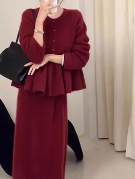 Iki Parçalı Setleri Bayan Outifits Sonbahar Kış Katı Tek Göğüslü Örme Hırka Kazak Üst A-line Etek Setleri Kadın Giyim