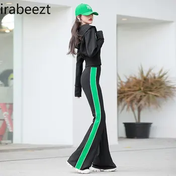 Irabeezt Spor Moda Elbise Kapşonlu Uzun Kollu Eğlence Rahat Hoodies Tops Gevşek Kore Tarzı Geniş Bacak Pantolon Iki Parçalı Setleri