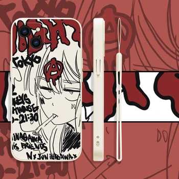 Japon anime kız karikatür Telefon Kılıfı İçin iPhone 15 14 13 12 11 Pro Max Mini XR XS SE20 8 7 Artı Silikon Durumlarda El Kayışı ile