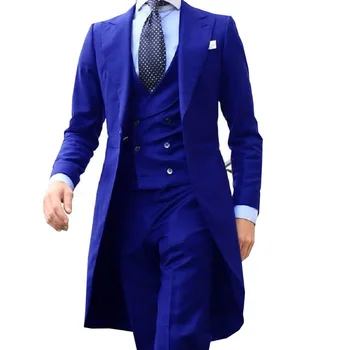 JELTONEWİN Tailor Made Düğün Takımları Uzun Tasarım Custom Made Kraliyet Mavi Sigara Smokin 3 Parça Damat Terno Parti Takımları erkekler İçin