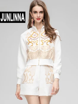 JUNLINNA Jakarlı Kabartma Boncuk İki Parçalı Setleri Sonbahar Kış Ceket+Şort Kadın Tatlılar Takım Elbise