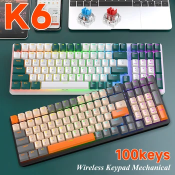 K6 Kablosuz Tuş Takımı Mekanik Klavye Bluetooth 3 Modları 2.4 G 100 Tuşlu Kırmızı / Mavi Anahtarı Oyun Klavyesi Oyun Aksesuarları