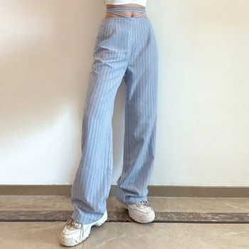 Kadın Bahar Uzun Çizgili Pantolon Vintage Kadın Yüksek Bel Rahat Geniş Bacak Pantolon Hollow Out Pantolon Streetwear Bandaj Dipleri