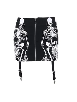 Kadın Kafatası Baskı Mini Etek Yüksek Bel İnce Zip Ön Gotik Grunge Kısa Etek Clubwear Streetwear Jartiyer Kemer ile