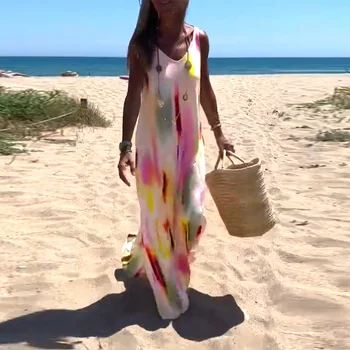 Kadın Moda Kravat boya Baskı Boho uzun elbise Bahar Seksi V Boyun Gevşek Parti Maxi Elbise Yaz Kolsuz Tank Kadın Plaj Elbise