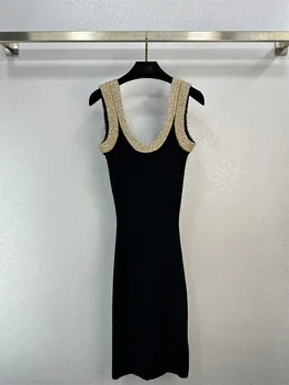 Kadın niş Tasarım Moda kontrast Mektup Backless Örme yelek elbise